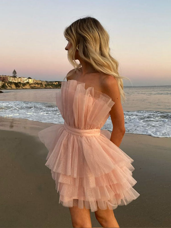 Pink Strapless Tulle Short Evening Prom Dresses, Homecoming Dress, HC9001