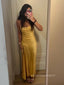 Simple Yellow Side Slit Mermaid Long Evening Prom Dresses, Spaghetti Straps Jersey Prom Dress, PM0931