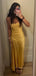 Simple Yellow Side Slit Mermaid Long Evening Prom Dresses, Spaghetti Straps Jersey Prom Dress, PM0931