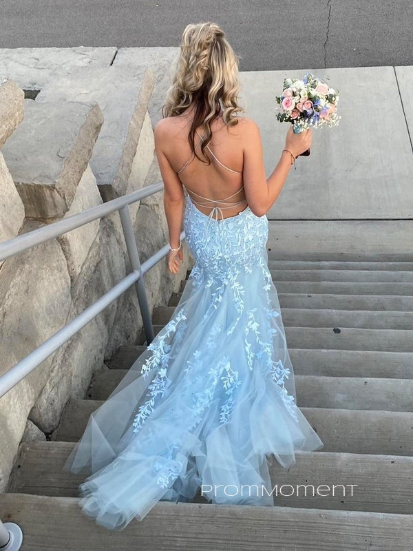 Gorgeous Spaghetti Straps Mermaid Tulle Long Evening Prom Dresses, Appliques Floor-length Backless Prom Dress, PM0932