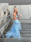 Gorgeous Spaghetti Straps Mermaid Tulle Long Evening Prom Dresses, Appliques Floor-length Backless Prom Dress, PM0932