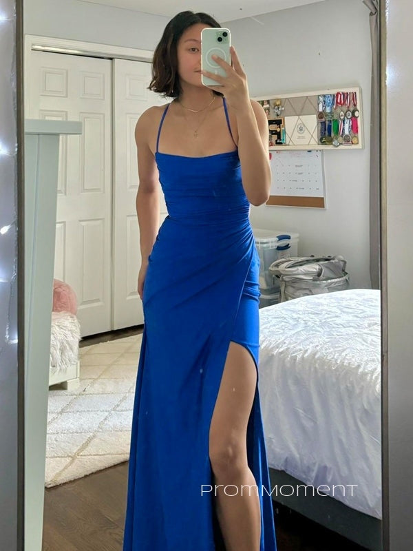 Popular Royal Blue Mermaid Side Slit Long Evening Prom Dresses, Spaghetti Straps Backless Prom Dress, PM0934