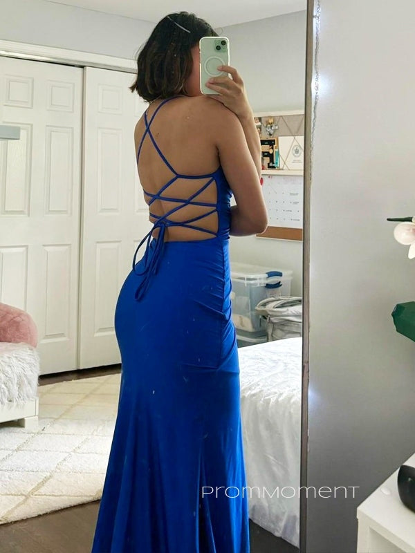 Popular Royal Blue Mermaid Side Slit Long Evening Prom Dresses, Spaghetti Straps Backless Prom Dress, PM0934