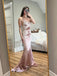 Lovely Pink Satin Appliques V-neck Mermaid Long Evening Prom Dresses, Backless Spaghetti Straps Floor-length Prom Dress, PM0935