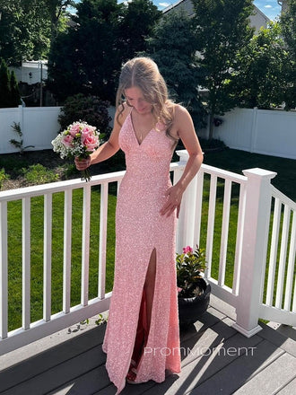 Sequins Beautiful Pink Mermaid V-neck Long Evening Prom Dresses, Side Slit Spaghetti Straps Prom Dress, PM0936
