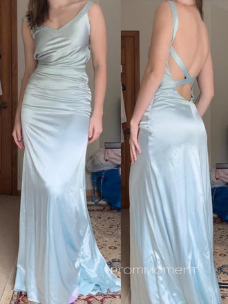 V-neck Satin Backless Popular Long Evening Prom Dresses, Straps Prom Dress, PM0937