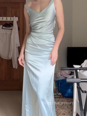 V-neck Satin Backless Popular Long Evening Prom Dresses, Straps Prom Dress, PM0937