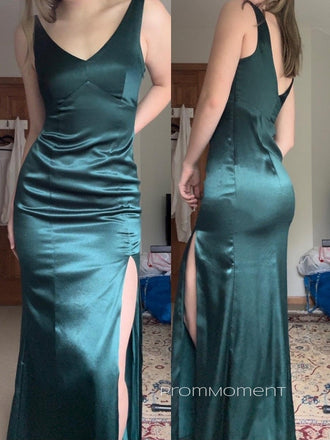 Gorgeous Mermaid V-neck V-back Long Evening Prom Dresses, Straps Side Slit Satin Prom Dress, PM0938