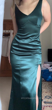 Gorgeous Mermaid V-neck V-back Long Evening Prom Dresses, Straps Side Slit Satin Prom Dress, PM0938