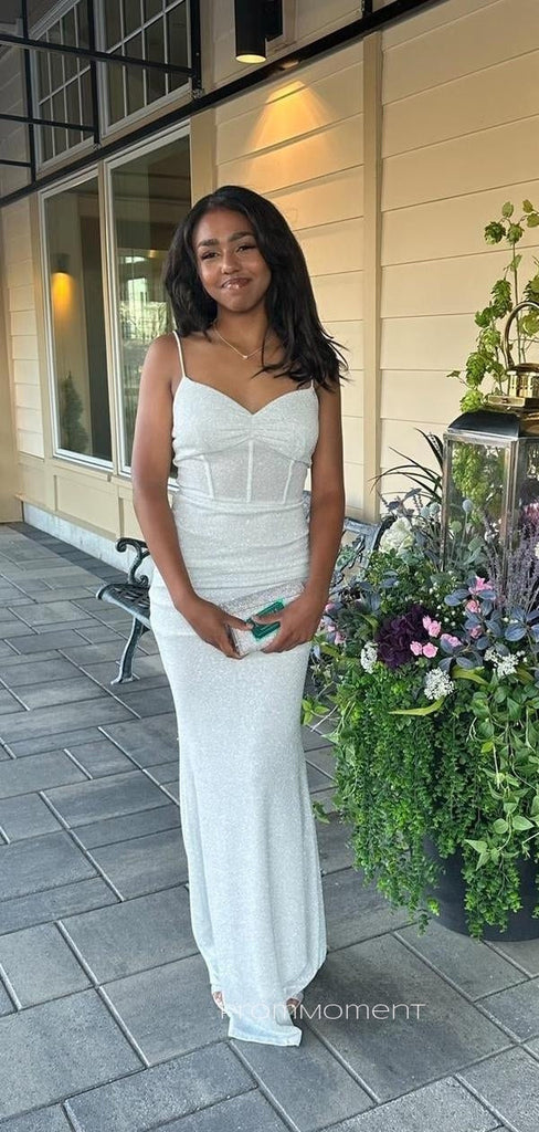 Sparkly Spaghetti Straps V-neck Mermaid Long Evening Prom Dresses, White Sleeveless Wedding Dress, PM0939