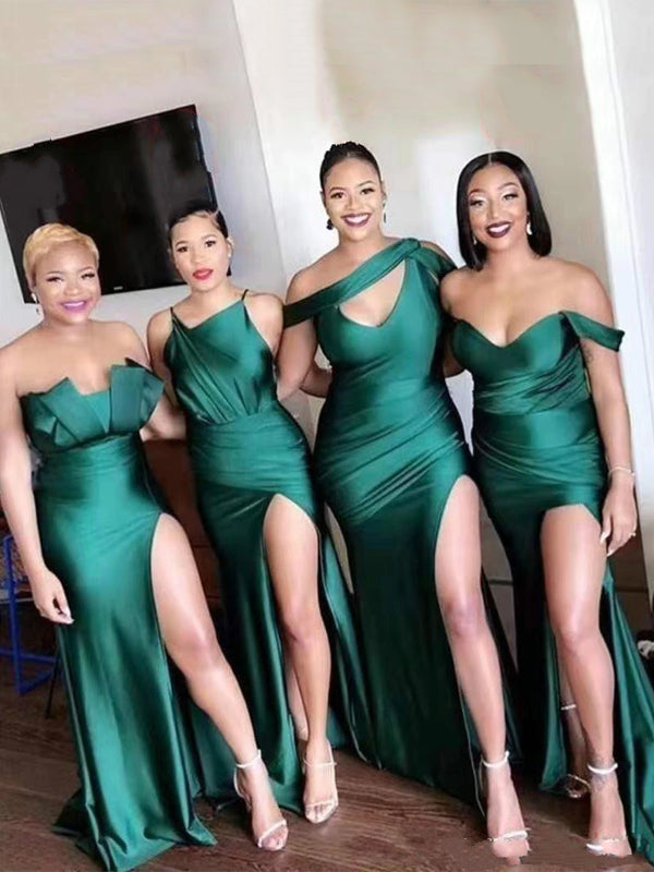 Mismatched Green Satin Mermaid Side Slit Long Bridesmaid Dresses, BN9002