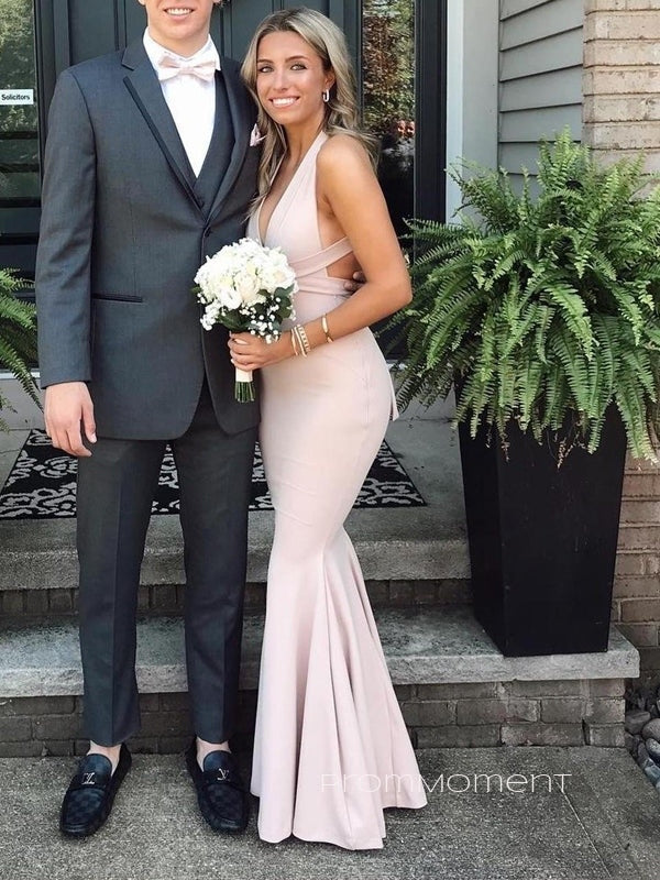 Deep V-neck Straps Mermaid Long Evening Prom Dresses, Elegant Sheath Backless Prom Dress, PM0924