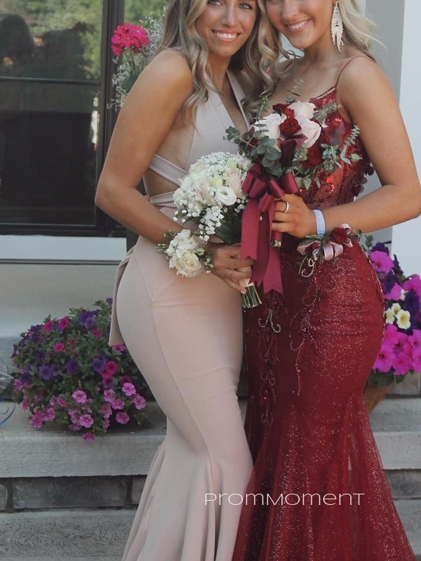 Deep V-neck Straps Mermaid Long Evening Prom Dresses, Elegant Sheath Backless Prom Dress, PM0924