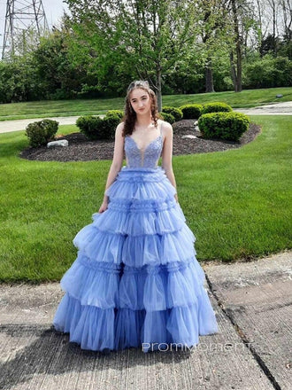 Formal Sparkly A-line Spaghetti Straps Long Evening Prom Dresses, Deep V-neck Backless Tulle Prom Dress, PM0925