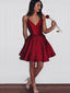 Spaghetti Straps V-neck Short Evening Prom Dresses, Burgundy Satin Homecoming Dress, HC9004