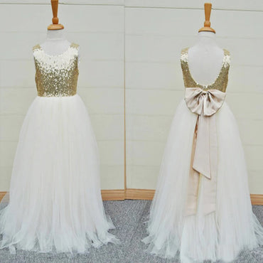 Gold Sequins A-line Ivory Tulle Flower Girl Dresses, FL9004