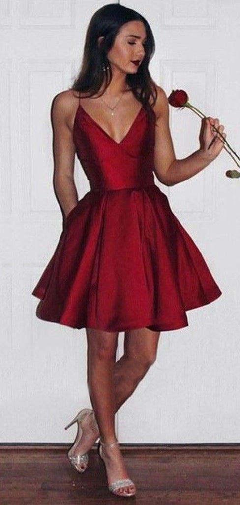 Spaghetti Straps V-neck Short Evening Prom Dresses, Burgundy Satin Homecoming Dress, HC9004