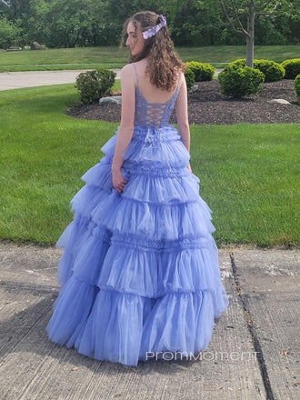 Formal Sparkly A-line Spaghetti Straps Long Evening Prom Dresses, Deep V-neck Backless Tulle Prom Dress, PM0925