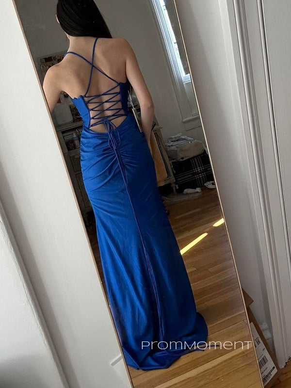 Simple Spaghetti Straps Mermaid Long Evening Prom Dresses, Jersey Side Slit Royal Blue V-neck Prom Dress, PM0926