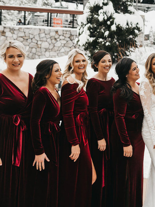 Burgundy Velvet Long Sleeves Mismatched Long Bridesmaid Dresses, BN9006