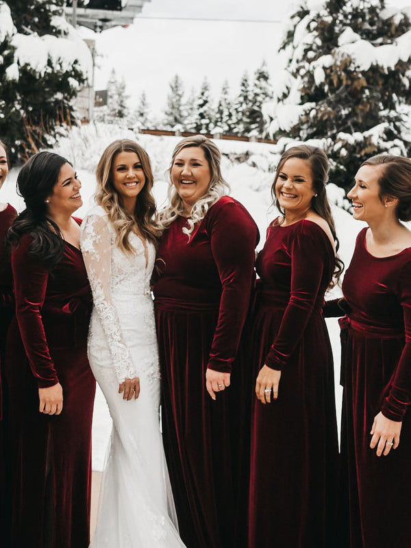 Burgundy Velvet Long Sleeves Mismatched Long Bridesmaid Dresses, BN9006