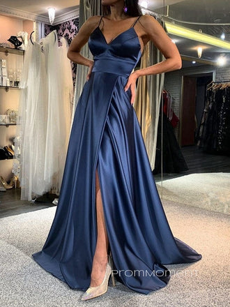 A-line Navy Blue Satin Spaghetti Straps Long Evening Prom Dresses, Side Slit Prom Dresses, PM0002