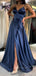 A-line Navy Blue Satin Spaghetti Straps Long Evening Prom Dresses, Side Slit Prom Dresses, PM0002