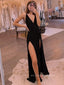 Sexy Black Deep V-neck Long Evening Prom Dresses, Side Slit Custom Prom Dresses, PM0003