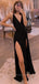 Sexy Black Deep V-neck Long Evening Prom Dresses, Side Slit Custom Prom Dresses, PM0003