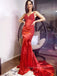 Red Satin Appliques Spaghetti Straps Long Evening Prom Dresses, Mermaid Prom Dresses, PM0004
