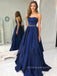 Royal Blue Satin Beaded A-line Strapless Long Evening Prom Dresses, Custom Prom Dresses, PM0006