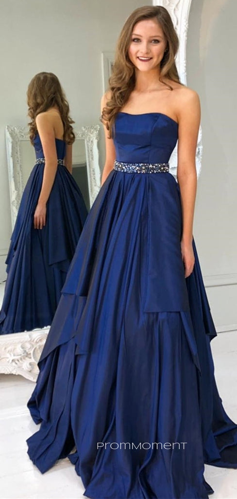 Royal Blue Satin Beaded A-line Strapless Long Evening Prom Dresses, Custom Prom Dresses, PM0006