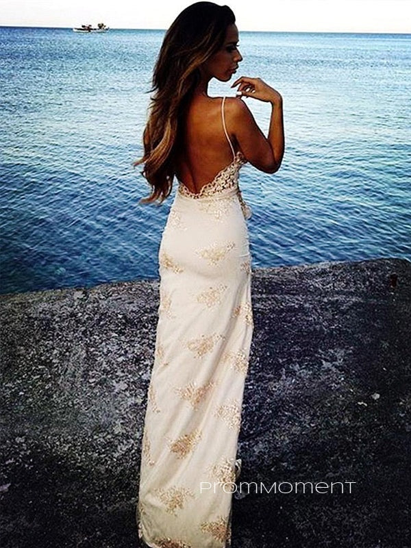 Sexy Mermaid Champaghe Tulle Appliques Long Evening Prom Dresses, Custom Spaghetti Straps Prom Dresses, PM0007