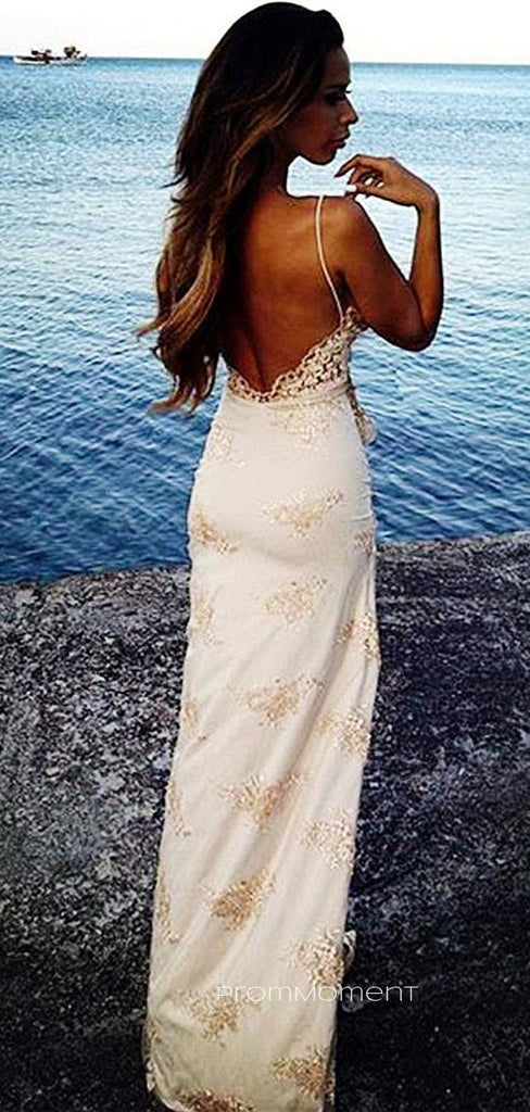 Sexy Mermaid Champaghe Tulle Appliques Long Evening Prom Dresses, Custom Spaghetti Straps Prom Dresses, PM0007