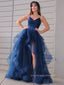 A-line Navy Blue Tulle Spaghetti Straps Long Evening Prom Dresses, Custom High Slit Prom Dresses, PM0008