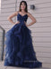 A-line Navy Blue Tulle Spaghetti Straps Long Evening Prom Dresses, Custom High Slit Prom Dresses, PM0008