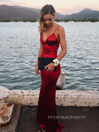 Dark Red Satin Spaghetti Straps V-neck Long Evening Prom Dresses, Mermaid Prom Dresses, PM0009