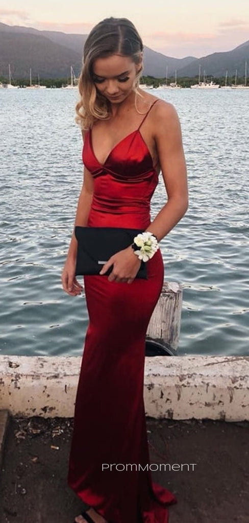 Dark Red Satin Spaghetti Straps V-neck Long Evening Prom Dresses, Mermaid Prom Dresses, PM0009