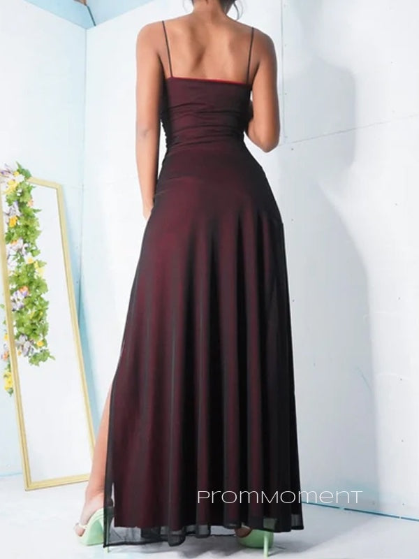 Black Red Spaghetti Straps Mermaid Long Evening Prom Dresses, Side Slit Prom Dresses, PM0010