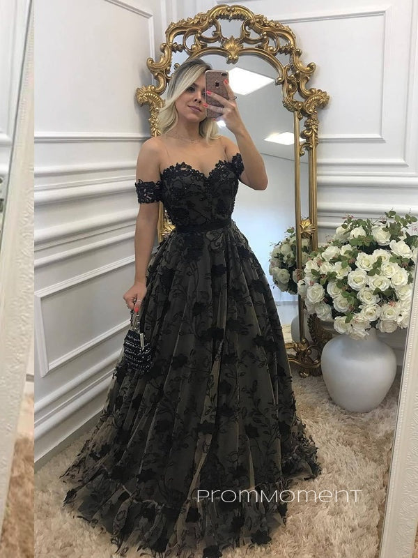 Off Shoulder Black Lace A-line Long Evening Prom Dresses, Custom Prom Dresses, PM0011