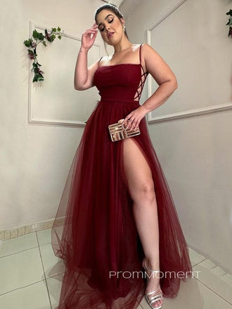 A-line Burgundy Tulle Long Evening Prom Dresses, Spaghetti Straps Prom Dresses, PM0014