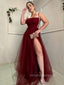 A-line Burgundy Tulle Long Evening Prom Dresses, Spaghetti Straps Prom Dresses, PM0014