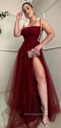 A-line Burgundy Tulle Long Evening Prom Dresses, Spaghetti Straps Prom Dresses, PM0014