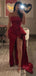 Strapless Red Satin Mermaid Long Evening Prom Dresses, High Slit Prom Dresses, PM0015