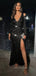 Black Sequins Long Sleeves Mermaid Long Evening Prom Dresses, Side Slit Slit Prom Dresses, PM0016