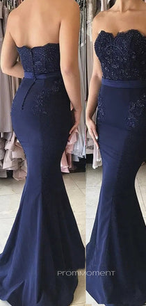 Mermaid Navy Blue Strapless Long Evening Prom Dresses, Prom Dresses, PM0017