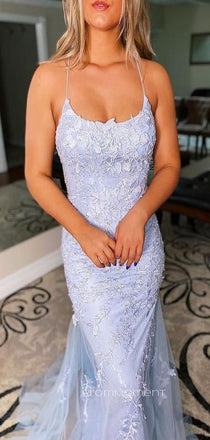 Mermaid Tulle Appliques Long Evening Prom Dresses, Custom Spaghetti Straps Prom Dresses, PM0018