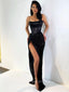 Sexy High Slit Mermaid Black Sequins Long Evening Prom Dresses, Spaghetti Straps Prom Dresses, PM0019