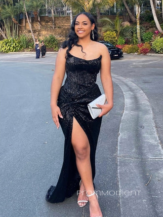 Sexy High Slit Mermaid Black Sequins Long Evening Prom Dresses, Spaghetti Straps Prom Dresses, PM0019