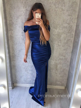 Off Shoulder Royal Blue Satin Long Evening Prom Dresses, Mermaid Prom Dresses, PM0020